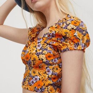 (A23) H&M Floral Orange Milkmaid Cropped Top , Size Small